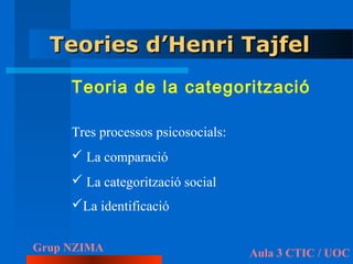 Teories d’Henri Tajfel
     Teoria de la categorització

     Tres processos psicosocials:
      La comparació
      La categorització social
     La identificació


Grup NZIMA                          Aula 3 CTIC / UOC
 