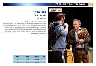 242018-19 ‫התיאטרון‬ ‫עונת‬
‫יום‬‫תאריך‬‫שעה‬‫סדרה‬
’‫ד‬15/5/1920:3011
’‫ה‬16/5/1920:3010
‫גרין‬ ‫מר‬
‫בארון‬ ‫ג'ף‬ ‫מאת‬
‫דטנר‬ ‫נתן‬ :‫בימוי‬
‫רוזנברג‬ ‫עידו‬ ,‫יגיל‬ ‫גדי‬ :‫משתתפים‬
‫הצעיר‬ ‫ובין‬ ,)‫יגיל‬ ‫(גדי‬ ‫וחשדן‬ ‫בודד‬ ‫יהודי‬ ‫בין‬ ‫כפוי‬ ‫כמפגש‬ ‫שמתחיל‬ ‫מה‬
‫שכמעט‬ ‫לאחר‬ )‫רוזנברג‬ ‫(עידו‬ ‫שירות‬ ‫עבודות‬ ‫של‬ ‫דין‬ ‫גזר‬ ‫אצלו‬ ‫שמרצה‬
‫נפשות‬ ‫שתי‬ ‫בין‬ ‫ומפתיעה‬ ‫גורלית‬ ‫לברית‬ ‫לאט‬ ‫לאט‬ ‫הופך‬ ,‫אותו‬ ‫דרס‬
‫בבסיסה‬ ‫עומד‬ ‫הפכים‬ ‫שני‬ ‫של‬ ‫הזה‬ ‫המפגש‬ .‫קרבה‬ ‫המחפשות‬ ‫תועות‬
‫ענק‬ ‫ללהיט‬ ‫הזאת שהפכה‬ ‫והחכמה‬ ‫המרגשת‬ ,‫האנושית‬ ‫הקומדיה‬ ‫של‬
.‫בו‬ ‫שהועלתה‬ ‫מקום‬ ‫בכל‬
 