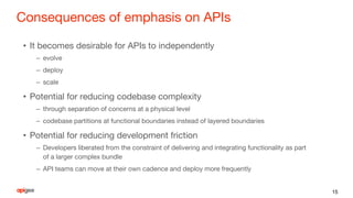 Consequences of emphasis on APIs
• It becomes desirable for APIs to independently
– evolve
– deploy
– scale
• Potential for reducing codebase complexity
– through separation of concerns at a physical level
– codebase partitions at functional boundaries instead of layered boundaries
• Potential for reducing development friction
– Developers liberated from the constraint of delivering and integrating functionality as part
of a larger complex bundle
– API teams can move at their own cadence and deploy more frequently
15
 