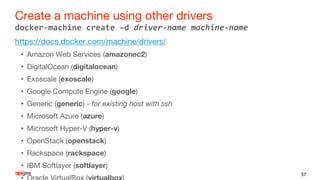 Create a machine using other drivers
https://docs.docker.com/machine/drivers/
• Amazon Web Services (amazonec2)
• DigitalOcean (digitalocean)
• Exoscale (exoscale)
• Google Compute Engine (google)
• Generic (generic) - for existing host with ssh
• Microsoft Azure (azure)
• Microsoft Hyper-V (hyper-v)
• OpenStack (openstack)
• Rackspace (rackspace)
• IBM Softlayer (softlayer)
37
docker-machine create –d driver-name machine-name
 
