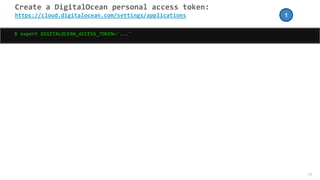 39
Create a DigitalOcean personal access token:
https://cloud.digitalocean.com/settings/applications
$ export DIGITALOCEAN_ACCESS_TOKEN='...'
1
 
