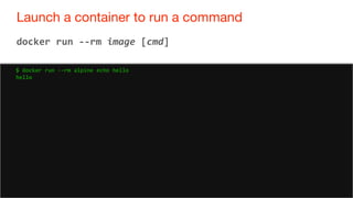 44
Launch a container to run a command
44
docker run --rm image [cmd]
$ docker run --rm alpine echo hello
hello
 