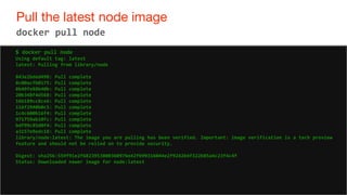 51
Pull the latest node image
51
docker pull node
$ docker pull node
Using default tag: latest
latest: Pulling from library/node
843e2bded498: Pull complete
8c00acfb0175: Pull complete
8b49fe88b40b: Pull complete
20b348f4d568: Pull complete
16b189cc8ce6: Pull complete
116f2940b0c5: Pull complete
1c4c600b16f4: Pull complete
971759ab10fc: Pull complete
bdf99c85d0f4: Pull complete
a3157e9edc18: Pull complete
library/node:latest: The image you are pulling has been verified. Important: image verification is a tech preview
feature and should not be relied on to provide security.
Digest: sha256:559f91e2f6823953800360976e42fb99316044e2f9242b4f322b85a4c23f4c4f
Status: Downloaded newer image for node:latest
 