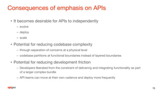 Consequences of emphasis on APIs
• It becomes desirable for APIs to independently
– evolve
– deploy
– scale
• Potential fo...