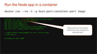 72
Run the Node app in a container
72
docker run --rm -t -p host-port:container-port image
$ docker run --rm -t -p 3000:30...
