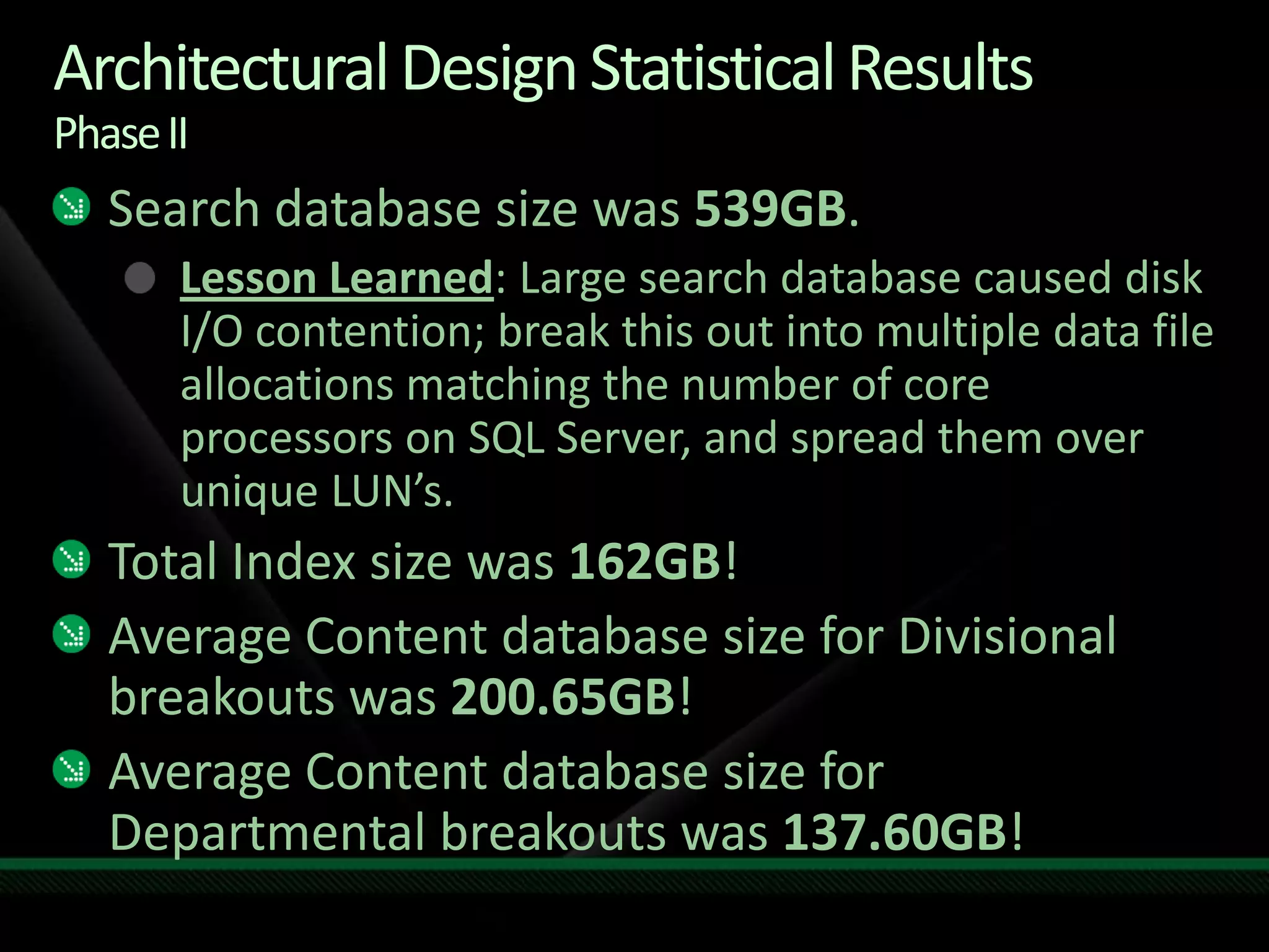 Architectural Design Statistical ResultsPhase IISearch database size was 539GB.Lesson Learned: Large search database caused disk I/O contention; break this out into multiple data file allocations matching the number of core processors on SQL Server, and spread them over unique LUN’s.Total Index size was 162GB!Average Content database size for Divisional breakouts was 200.65GB!Average Content database size for Departmental breakouts was 137.60GB!
