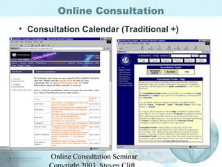 Online Consultation 
• Consultation Calendar (Traditional +) 
Online Consultation Seminar 
Copyright 2003, Steven Clift, 
 