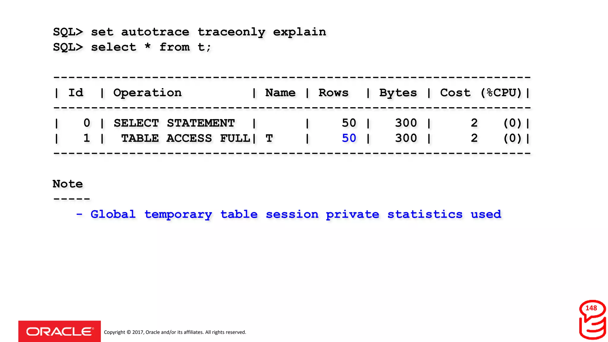 Copyright © 2017, Oracle and/or its affiliates. All rights reserved.
SQL> set autotrace traceonly explain
SQL> select * from t;
---------------------------------------------------------------
| Id | Operation | Name | Rows | Bytes | Cost (%CPU)|
---------------------------------------------------------------
| 0 | SELECT STATEMENT | | 50 | 300 | 2 (0)|
| 1 | TABLE ACCESS FULL| T | 50 | 300 | 2 (0)|
---------------------------------------------------------------
Note
-----
- Global temporary table session private statistics used
148
 