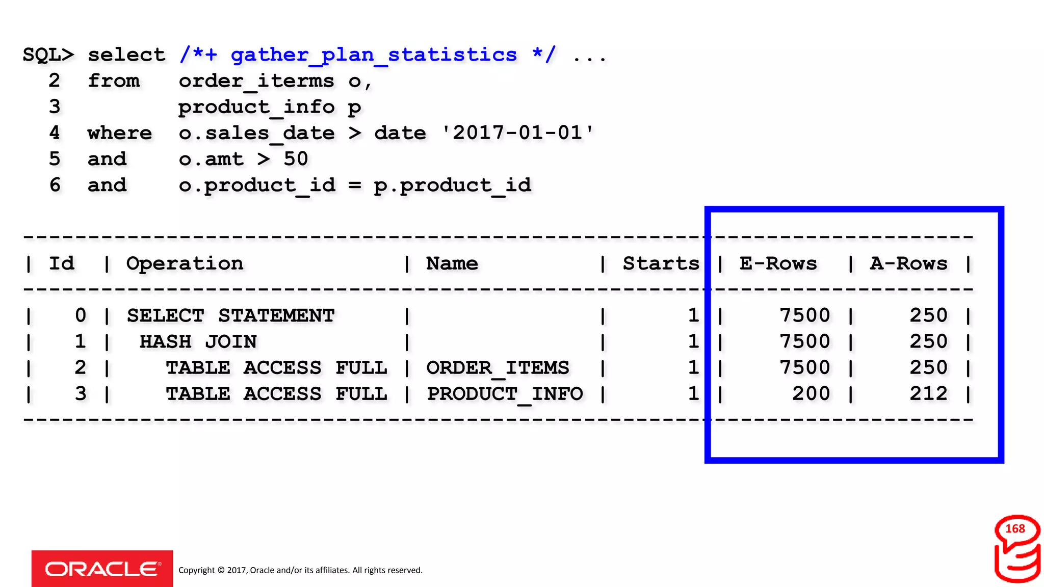 Copyright © 2017, Oracle and/or its affiliates. All rights reserved.
SQL> select /*+ gather_plan_statistics */ ...
2 from order_iterms o,
3 product_info p
4 where o.sales_date > date '2017-01-01'
5 and o.amt > 50
6 and o.product_id = p.product_id
-------------------------------------------------------------------------
| Id | Operation | Name | Starts | E-Rows | A-Rows |
-------------------------------------------------------------------------
| 0 | SELECT STATEMENT | | 1 | 7500 | 250 |
| 1 | HASH JOIN | | 1 | 7500 | 250 |
| 2 | TABLE ACCESS FULL | ORDER_ITEMS | 1 | 7500 | 250 |
| 3 | TABLE ACCESS FULL | PRODUCT_INFO | 1 | 200 | 212 |
-------------------------------------------------------------------------
168
 