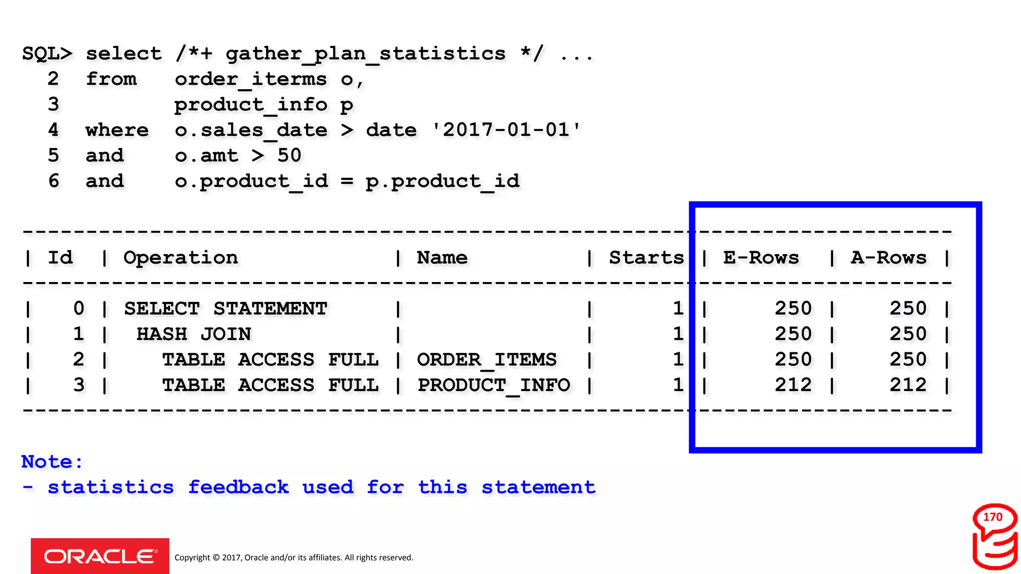Copyright © 2017, Oracle and/or its affiliates. All rights reserved.
SQL> select /*+ gather_plan_statistics */ ...
2 from order_iterms o,
3 product_info p
4 where o.sales_date > date '2017-01-01'
5 and o.amt > 50
6 and o.product_id = p.product_id
-------------------------------------------------------------------------
| Id | Operation | Name | Starts | E-Rows | A-Rows |
-------------------------------------------------------------------------
| 0 | SELECT STATEMENT | | 1 | 250 | 250 |
| 1 | HASH JOIN | | 1 | 250 | 250 |
| 2 | TABLE ACCESS FULL | ORDER_ITEMS | 1 | 250 | 250 |
| 3 | TABLE ACCESS FULL | PRODUCT_INFO | 1 | 212 | 212 |
-------------------------------------------------------------------------
Note:
- statistics feedback used for this statement
170
 