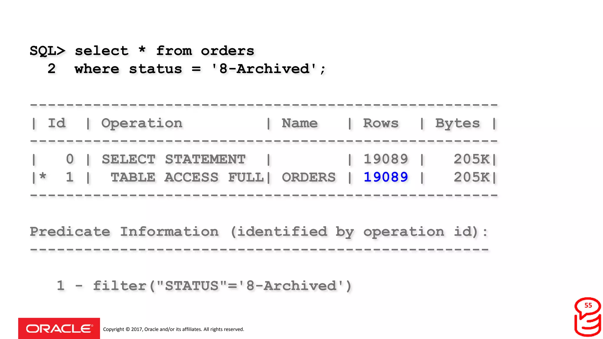 Copyright © 2017, Oracle and/or its affiliates. All rights reserved.
SQL> select * from orders
2 where status = '8-Archived';
----------------------------------------------------
| Id | Operation | Name | Rows | Bytes |
----------------------------------------------------
| 0 | SELECT STATEMENT | | 19089 | 205K|
|* 1 | TABLE ACCESS FULL| ORDERS | 19089 | 205K|
----------------------------------------------------
Predicate Information (identified by operation id):
---------------------------------------------------
1 - filter("STATUS"='8-Archived')
true = 20000
55
 