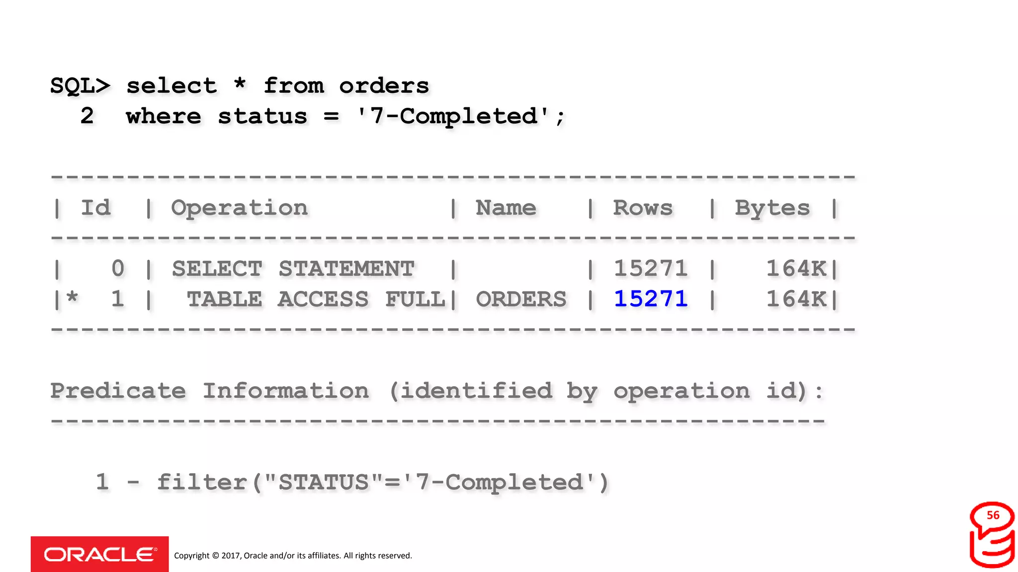 Copyright © 2017, Oracle and/or its affiliates. All rights reserved.
SQL> select * from orders
2 where status = '7-Completed';
-----------------------------------------------------
| Id | Operation | Name | Rows | Bytes |
-----------------------------------------------------
| 0 | SELECT STATEMENT | | 15271 | 164K|
|* 1 | TABLE ACCESS FULL| ORDERS | 15271 | 164K|
-----------------------------------------------------
Predicate Information (identified by operation id):
---------------------------------------------------
1 - filter("STATUS"='7-Completed')
true = 10000
56
 