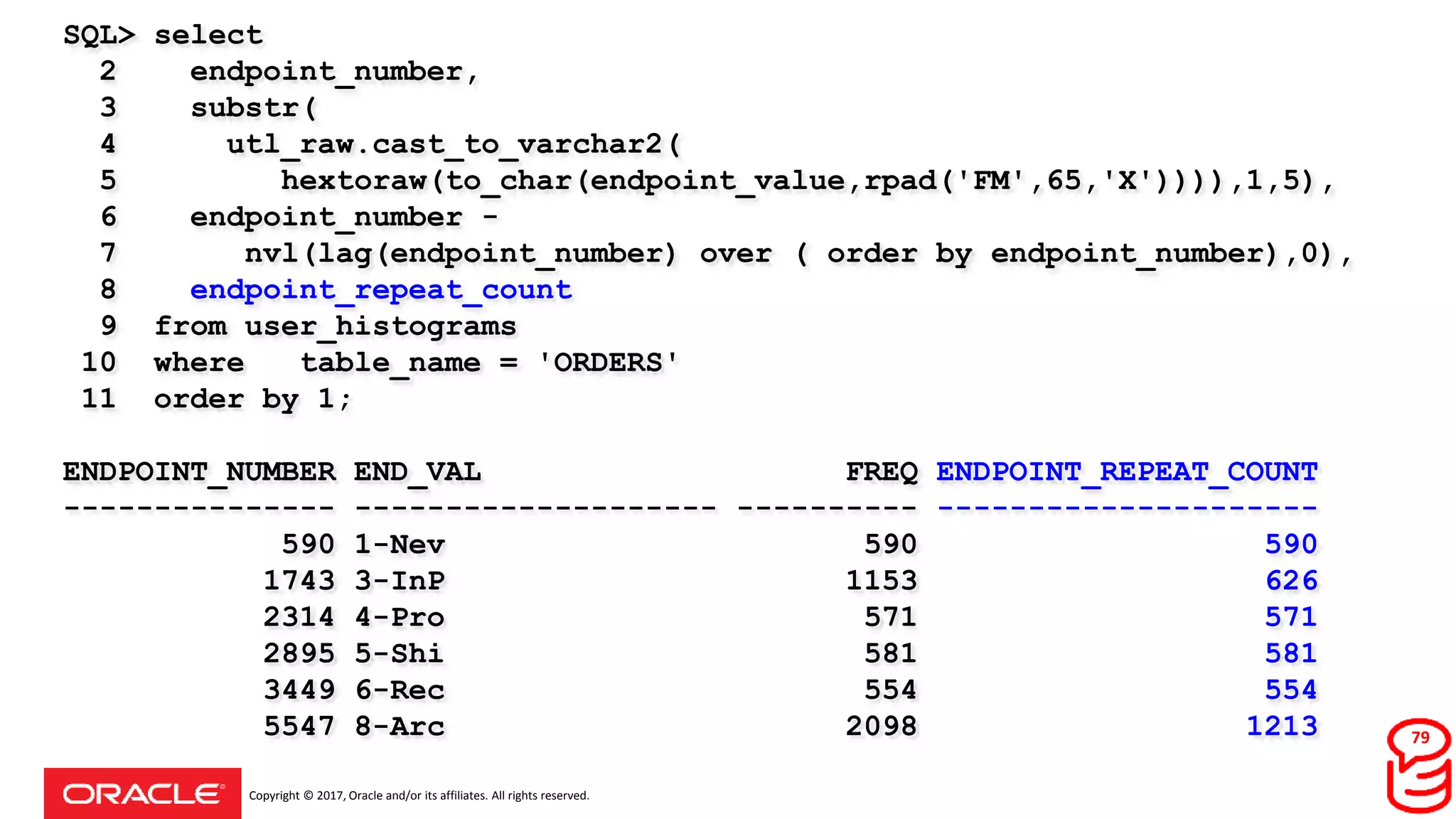 Copyright © 2017, Oracle and/or its affiliates. All rights reserved.
SQL> select
2 endpoint_number,
3 substr(
4 utl_raw.cast_to_varchar2(
5 hextoraw(to_char(endpoint_value,rpad('FM',65,'X')))),1,5),
6 endpoint_number -
7 nvl(lag(endpoint_number) over ( order by endpoint_number),0),
8 endpoint_repeat_count
9 from user_histograms
10 where table_name = 'ORDERS'
11 order by 1;
ENDPOINT_NUMBER END_VAL FREQ ENDPOINT_REPEAT_COUNT
--------------- -------------------- ---------- ---------------------
590 1-Nev 590 590
1743 3-InP 1153 626
2314 4-Pro 571 571
2895 5-Shi 581 581
3449 6-Rec 554 554
5547 8-Arc 2098 1213 79
 