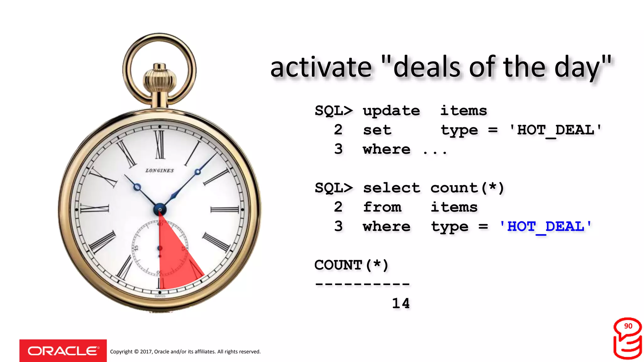 Copyright © 2017, Oracle and/or its affiliates. All rights reserved.
activate "deals of the day"
SQL> update items
2 set type = 'HOT_DEAL'
3 where ...
SQL> select count(*)
2 from items
3 where type = 'HOT_DEAL'
COUNT(*)
----------
14
90
 