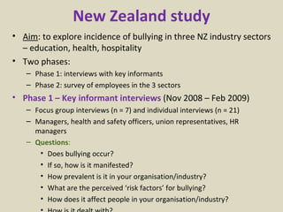 New Zealand study Aim : to explore incidence of bullying in three NZ industry sectors – education, health, hospitality Two phases: Phase 1: interviews with key informants Phase 2: survey of employees in the 3 sectors Phase 1 – Key informant interviews  (Nov 2008 – Feb 2009) Focus group interviews (n = 7) and individual interviews (n = 21) Managers, health and safety officers, union representatives, HR managers Questions :  Does bullying occur? If so, how is it manifested? How prevalent is it in your organisation/industry? What are the perceived ‘risk factors’ for bullying? How does it affect people in your organisation/industry? How is it dealt with? 