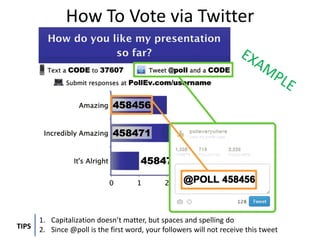 How To Vote via Twitter




       1. Capitalization doesn’t matter, but spaces and spelling do
TIPS   2. Since @poll is the first word, your followers will not receive this tweet
 