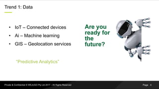 PagePrivate & Confidential © WEJUGO Pty Ltd 2017 – All Rights Reserved
Trend 1: Data
• IoT – Connected devices
• Ai – Mach...