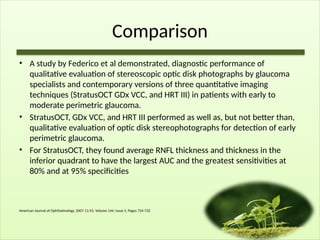 Comparison
• A study by Federico et al demonstrated, diagnostic performance of
qualitative evaluation of stereoscopic optic disk photographs by glaucoma
specialists and contemporary versions of three quantitative imaging
techniques (StratusOCT GDx VCC, and HRT III) in patients with early to
moderate perimetric glaucoma.
• StratusOCT, GDx VCC, and HRT III performed as well as, but not better than,
qualitative evaluation of optic disk stereophotographs for detection of early
perimetric glaucoma.
• For StratusOCT, they found average RNFL thickness and thickness in the
inferior quadrant to have the largest AUC and the greatest sensitivities at
80% and at 95% specificities
American Journal of Ophthalmology, 2007-11-01, Volume 144, Issue 5, Pages 724-732
 