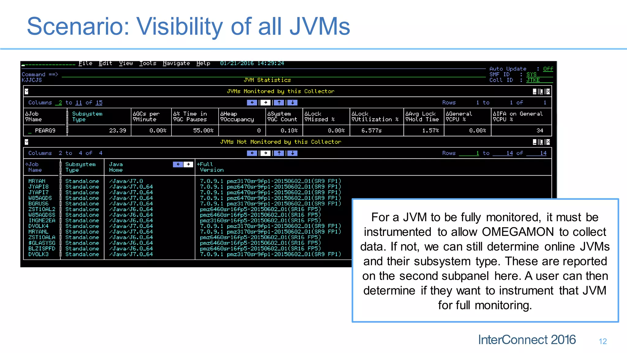 Scenario: Visibility of all JVMs
12
For a JVM to be fully monitored, it must be
instrumented to allow OMEGAMON to collect
data. If not, we can still determine online JVMs
and their subsystem type. These are reported
on the second subpanel here. A user can then
determine if they want to instrument that JVM
for full monitoring.
 