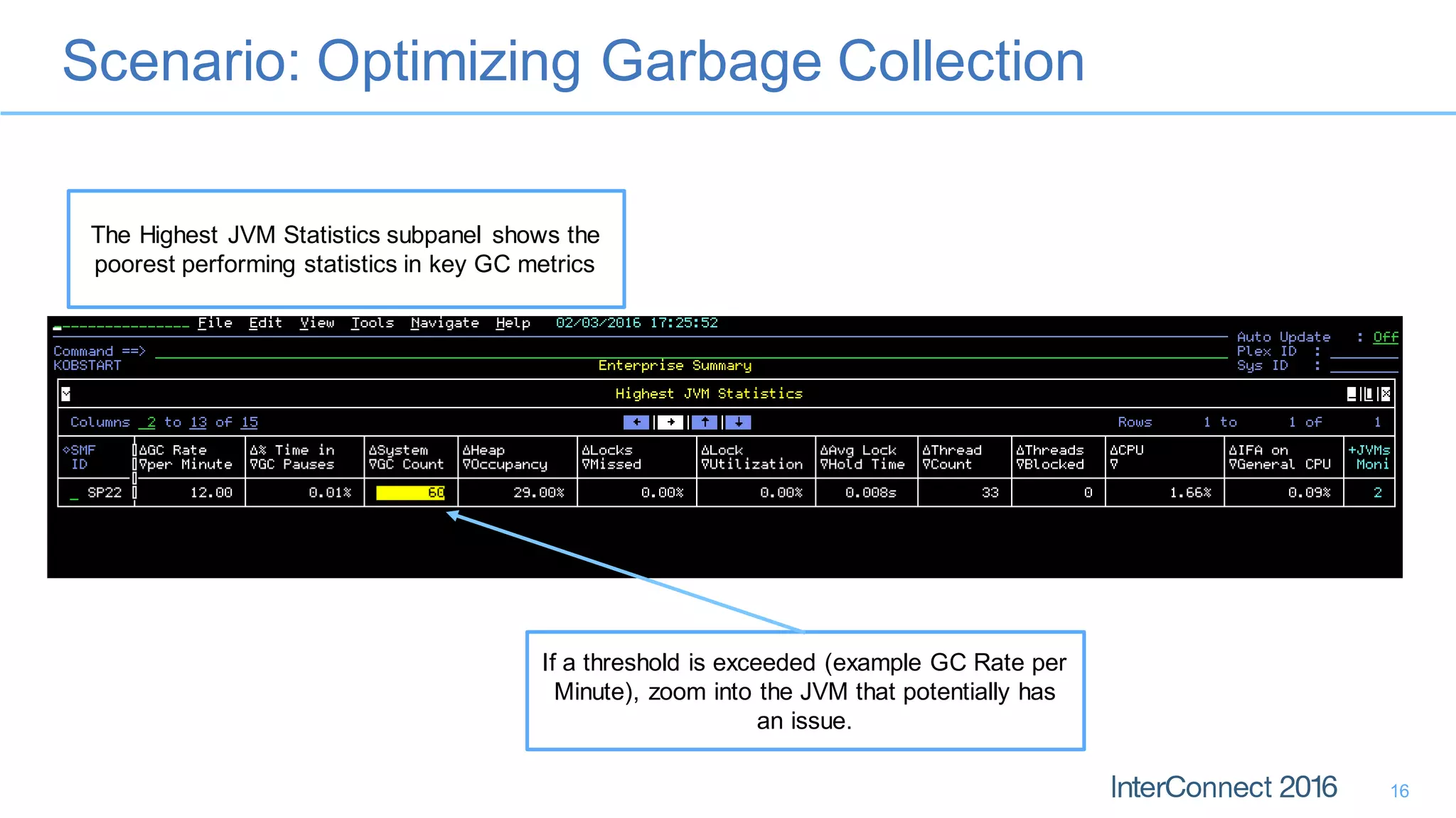 Scenario: Optimizing Garbage Collection
16
The Highest JVM Statistics subpanel shows the
poorest performing statistics in key GC metrics
If a threshold is exceeded (example GC Rate per
Minute), zoom into the JVM that potentially has
an issue.
 