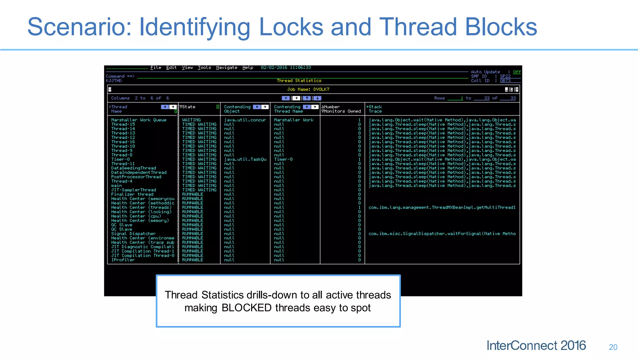 Scenario: Identifying Locks and Thread Blocks
20
Thread Statistics drills-down to all active threads
making BLOCKED threads easy to spot
 