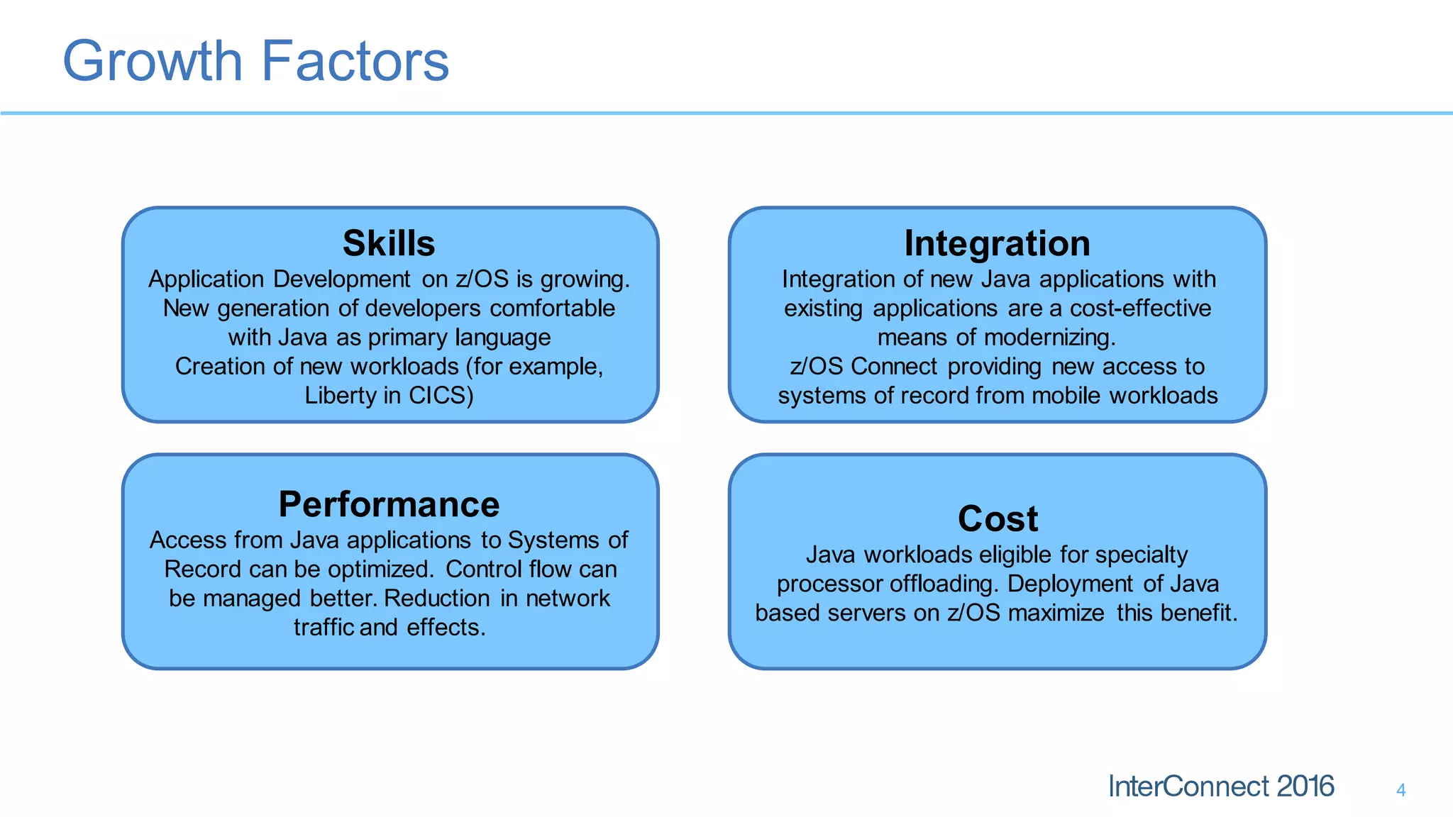 Growth Factors
4
Skills
Application Development on z/OS is growing.
New generation of developers comfortable
with Java as primary language
Creation of new workloads (for example,
Liberty in CICS)
Integration
Integration of new Java applications with
existing applications are a cost-effective
means of modernizing.
z/OS Connect providing new access to
systems of record from mobile workloads
Performance
Access from Java applications to Systems of
Record can be optimized. Control flow can
be managed better. Reduction in network
traffic and effects.
Cost
Java workloads eligible for specialty
processor offloading. Deployment of Java
based servers on z/OS maximize this benefit.
 