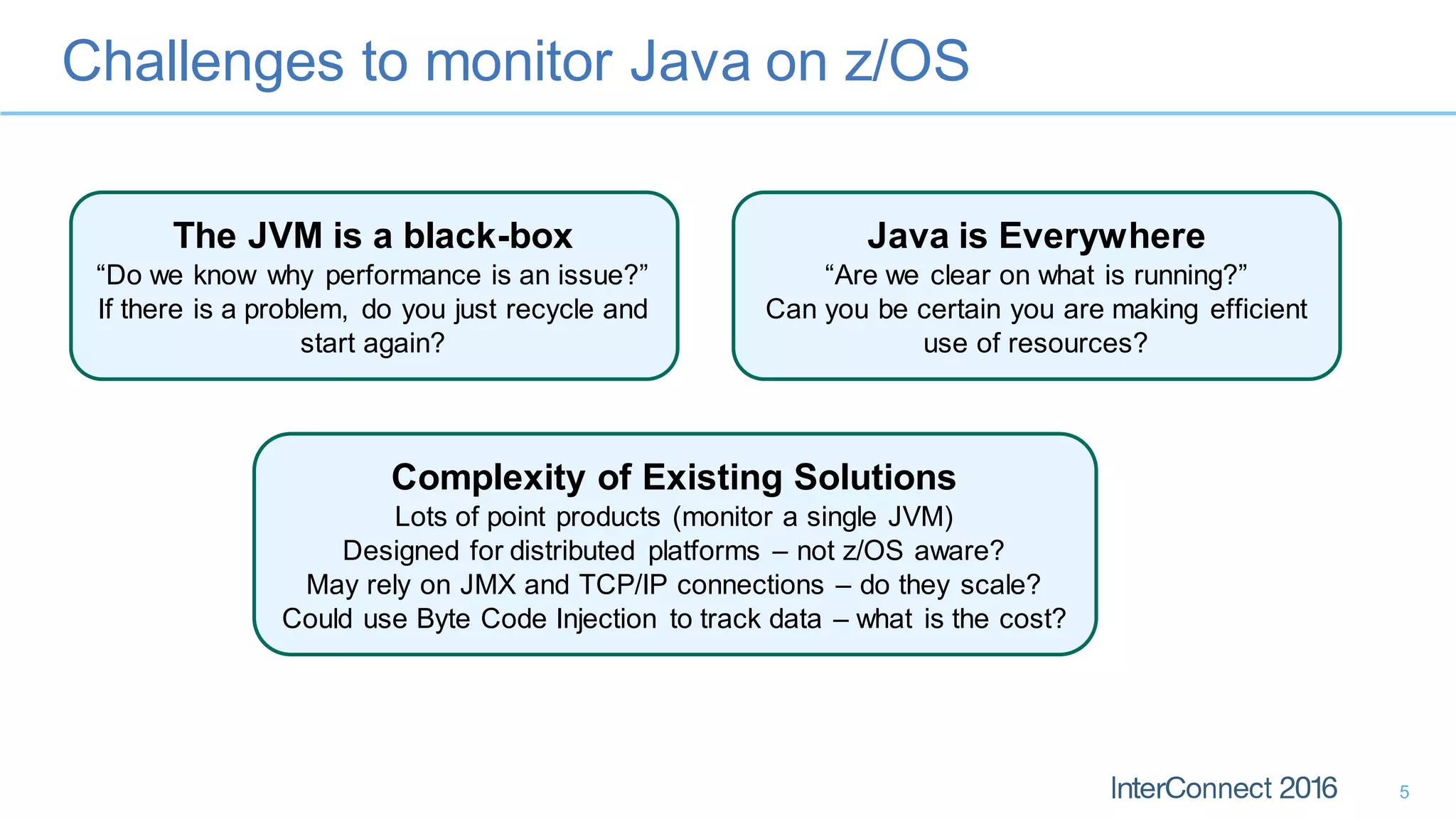 Challenges to monitor Java on z/OS
5
The JVM is a black-box
“Do we know why performance is an issue?”
If there is a problem, do you just recycle and
start again?
Java is Everywhere
“Are we clear on what is running?”
Can you be certain you are making efficient
use of resources?
Complexity of Existing Solutions
Lots of point products (monitor a single JVM)
Designed for distributed platforms – not z/OS aware?
May rely on JMX and TCP/IP connections – do they scale?
Could use Byte Code Injection to track data – what is the cost?
 