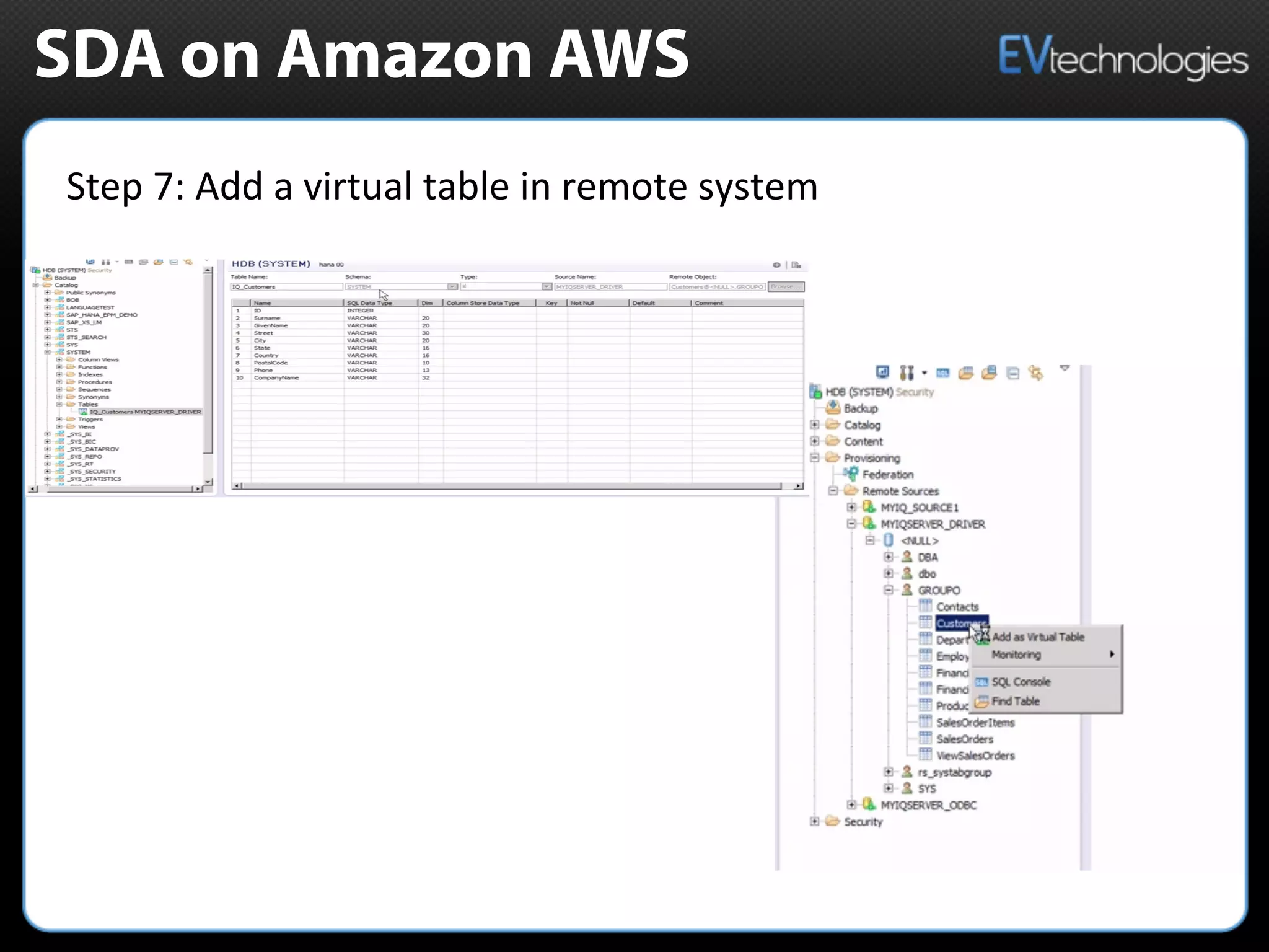 SDA on Amazon AWS
Step	
  7:	
  Add	
  a	
  virtual	
  table	
  in	
  remote	
  system	
  	
  
 