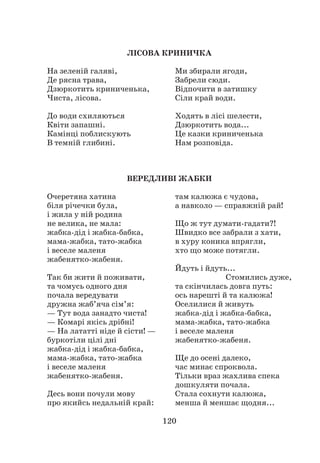120
ЛІСОВА КРИНИЧКА
Ми збирали ягоди,
Забрели сюди.
Відпочити в затишку
Сіли край води.
Ходять в лісі шелести,
Дзюркотить вода...
Це казки криниченька
Нам розповіда.
На зеленій галяві,
Де рясна трава,
Дзюркотить криниченька,
Чиста, лісова.
До води схиляються
Квіти запашні.
Камінці поблискують
В темній глибині.
ВЕРЕДЛИВІ ЖАБКИ
Очеретяна хатина
біля річечки була,
і жила у ній родина
не велика, не мала:
жабка-дід і жабка-бабка,
мама-жабка, тато-жабка
і веселе маленя
жабенятко-жабеня.
Так би жити й поживати,
та чомусь одного дня
почала вередувати
дружна жаб’яча сім’я:
— Тут вода занадто чиста!
— Комарі якісь дрібні!
— На лататті ніде й сісти! —
буркотіли цілі дні
жабка-дід і жабка-бабка,
мама-жабка, тато-жабка
і веселе маленя
жабенятко-жабеня.
Десь вони почули мову
про якийсь недальній край:
там калюжа є чудова,
а навколо — справжній рай!
Що ж тут думати-гадати?!
Швидко все забрали з хати,
в хуру коника впрягли,
хто що може потягли.
Йдуть і йдуть...
Стомились дуже,
та скінчилась довга путь:
ось нарешті й та калюжа!
Оселилися й живуть
жабка-дід і жабка-бабка,
мама-жабка, тато-жабка
і веселе маленя
жабенятко-жабеня.
Ще до осені далеко,
час минає спроквола.
Тільки враз жахлива спека
дошкуляти почала.
Стала сохнути калюжа,
менша й меншає щодня...
 