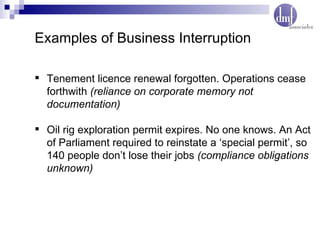 Examples of Business Interruption Tenement licence renewal forgotten. Operations cease forthwith  (reliance on corporate memory not documentation) Oil rig exploration permit expires. No one knows. An Act of Parliament required to reinstate a ‘special permit’, so 140 people don’t lose their jobs  (compliance obligations unknown) 