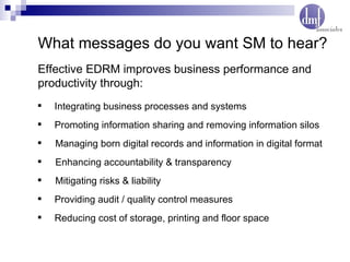What messages do you want SM to hear? Integrating business processes and systems Promoting information sharing and removing information silos Managing born digital records and information in digital format Enhancing accountability & transparency Mitigating risks & liability Providing audit / quality control measures Reducing cost of storage, printing and floor space Effective EDRM improves business performance and productivity through: 