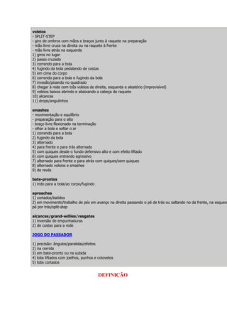 voleios
- SPLIT-STEP
- giro de ombros com mãos e braços junto à raquete na preparação
- mão livre cruza na direita ou na raquete à frente
- mão livre atrás na esquerda
1) giros no lugar
2) passo cruzado
3) correndo para a bola
4) fugindo da bola pedalando de costas
5) em cima do corpo
6) correndo para a bola e fugindo da bola
7) invasão/pisando no quadrado
8) chegar à rede com três voleios de direita, esquerda e aleatório (imprevisível)
9) voleios baixos abrindo e abaixando a cabeça da raquete
10) alcances
11) drops/angulinhos

smashes
- movimentação e equilíbrio
- preparação para o alto
- braço livre flexionado na terminação
- olhar a bola e soltar o ar
1) correndo para a bola
2) fugindo da bola
3) alternado
4) para frente e para trás alternado
5) com quiques desde o fundo defensivo alto e com efeito liftado
6) com quiques entrando agressivo
7) alternado para frente e para atrás com quiques/sem quiques
8) alternado voleios e smashes
9) de revés

bate-prontos
1) indo para a bola/ao corpo/fugindo

aproaches
1) cortados/batidos
2) em movimento/trabalho de pés em avanço na direita passando o pé de trás ou saltando no da frente, na esquerd
pé por trás/split-step

alcances/grand-willies/resgates
1) inversão de empunhaduras
2) de costas para a rede

JOGO DO PASSADOR

1)   precisão: ângulos/paralelas/efeitos
2)   na corrida
3)   em bate-pronto ou na subida
4)   lobs liftados com joelhos, punhos e cotovelos
5)   lobs cortados


                                         DEFINIÇÃO
 