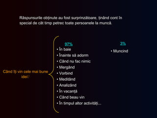 Răspunsurile obţinute au fost surprinzătoare ,  ţinând cont în special de cât timp petrec toate persoanele la muncă .  97% 3% •  În baie •  Înainte să adorm •  Când nu fac nimic •  Mergând •  Vorbind •  Meditând •  Analiz ând •  În vacanţă •  Când beau vin •  În timpul altor activităţi ... •  Muncind Când îţi vin cele mai bune idei ? 
