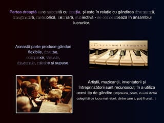 Partea dreaptă   est e  asocia tă   cu   intui ţia ,  şi este în relaţie cu   gândirea  divergent ă , imaginativ ă , metaf orică , n e lin iară , sub iectivă -  se concentr ează în ansamblul lucrurilor .  Această parte produce gânduri flexibile , diver se , comple xe , visuale, diagonale, m i stic e   şi supuse . Artiştii, muzicanţii, inventatorii şi   întreprinzătorii   sunt recunoscuţi în a utiliza acest tip de gândire   ( împreună, poate, cu unii dintre colegii tăi de lucru mai rebeli ,  dintre care tu poţi fi unul …)   