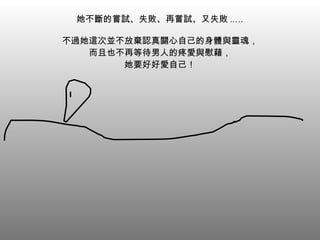 她不斷的嘗試、失敗、再嘗試、又失敗 ..… 不過她這次並不放棄認真關心自己的身體與靈魂， 而且也不再等待男人的疼愛與慰藉， 她要好好愛自己！ 