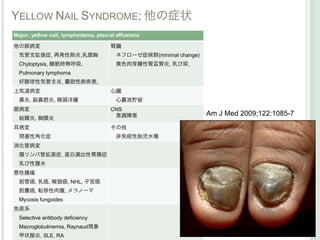 YELLOW NAIL SYNDROME; 他の症状
Major; yellow nail, lymphedema, pleural effusions

他の肺病変                                腎臓
 気管支...