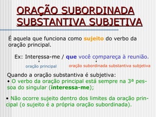 ORAÇÃO SUBORDINADAORAÇÃO SUBORDINADA
SUBSTANTIVA SUBJETIVASUBSTANTIVA SUBJETIVA
É aquela que funciona como sujeito do verbo da
oração principal.
Ex: Interessa-me / que você compareça à reunião.
oração principal oração subordinada substantiva subjetiva
Quando a oração substantiva é subjetiva:
• O verbo da oração principal está sempre na 3ª pes-
soa do singular (interessa-me);
• Não ocorre sujeito dentro dos limites da oração prin-
cipal (o sujeito é a própria oração subordinada).
 