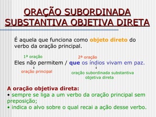 ORAÇÃO SUBORDINADAORAÇÃO SUBORDINADA
SUBSTANTIVA OBJETIVA DIRETASUBSTANTIVA OBJETIVA DIRETA
É aquela que funciona como objeto direto do
verbo da oração principal.
Eles não permitem / que os índios vivam em paz.
1ª oração 2ª oração
oração principal oração subordinada substantiva
objetiva direta
A oração objetiva direta:
• sempre se liga a um verbo da oração principal sem
preposição;
• indica o alvo sobre o qual recai a ação desse verbo.
 