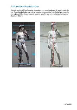 3.3 Ο Δαυίδ του Μιχαήλ-Άγγελου.
Ο Δαυίδ του Μιχαήλ-Άγγελου είναι βασισμένος στην χρυσή αναλογία. Οι χρυσές αναλογίες
του γλυπτού επιβεβαιώνονται από τον λόγο της απόστασης του ομφαλού μέχρι την κορυφή
του κεφαλιού (38 cm) προς την απόσταση του ομφαλού από το ύψος των αρθρώσεων των
δαχτύλων (62 cm).

ΣΕΛΙΔΑ110

 