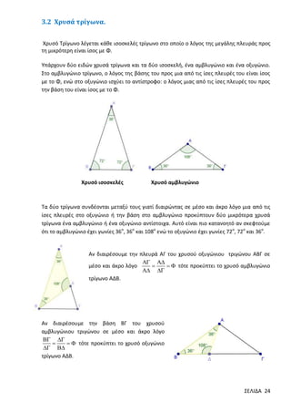 3.2 Χρυσά τρίγωνα.
Χρυσό Τρίγωνο λέγεται κάθε ισοσκελές τρίγωνο στο οποίο ο λόγος της μεγάλης πλευράς προς
τη μικρότερη είναι ίσος με Φ.
Υπάρχουν δύο ειδών χρυσά τρίγωνα και τα δύο ισοσκελή, ένα αμβλυγώνιο και ένα οξυγώνιο.
Στο αμβλυγώνιο τρίγωνο, ο λόγος της βάσης του προς μια από τις ίσες πλευρές του είναι ίσος
με το Φ, ενώ στο οξυγώνιο ισχύει το αντίστροφο: ο λόγος μιας από τις ίσες πλευρές του προς
την βάση του είναι ίσος με το Φ.

Χρυσό ισοσκελές

Χρυσό αμβλυγώνιο

Τα δύο τρίγωνα συνδέονται μεταξύ τους γιατί διαιρώντας σε μέσο και άκρο λόγο μια από τις
ίσες πλευρές στο οξυγώνιο ή την βάση στο αμβλυγώνιο προκύπτουν δύο μικρότερα χρυσά
τρίγωνα ένα αμβλυγώνιο ή ένα οξυγώνιο αντίστοιχα. Αυτό είναι πιο κατανοητό αν σκεφτούμε
ότι το αμβλυγώνιο έχει γωνίες 36ο, 36ο και 108ο ενώ το οξυγώνιο έχει γωνίες 72ο, 72ο και 36ο.

Αν διαιρέσουμε την πλευρά ΑΓ του χρυσού οξυγώνιου τριγώνου ΑΒΓ σε
 
μέσο και άκρο λόγο

  τότε προκύπτει το χρυσό αμβλυγώνιο
 
τρίγωνο ΑΔΒ.

Αν διαιρέσουμε την βάση ΒΓ του χρυσού
αμβλυγώνιου τριγώνου σε μέσο και άκρο λόγο
 

  τότε προκύπτει το χρυσό οξυγώνιο
 
τρίγωνο ΑΔΒ.

ΣΕΛΙΔΑ 24

 
