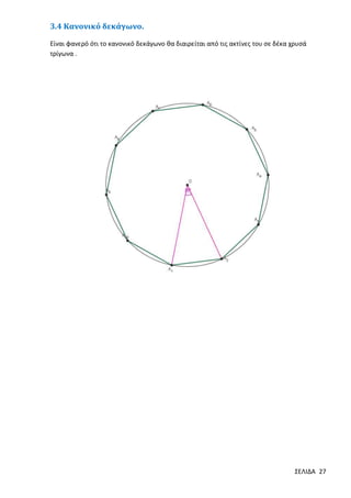 3.4 Κανονικό δεκάγωνο.
Είναι φανερό ότι το κανονικό δεκάγωνο θα διαιρείται από τις ακτίνες του σε δέκα χρυσά
τρίγωνα .

ΣΕΛΙΔΑ 27

 