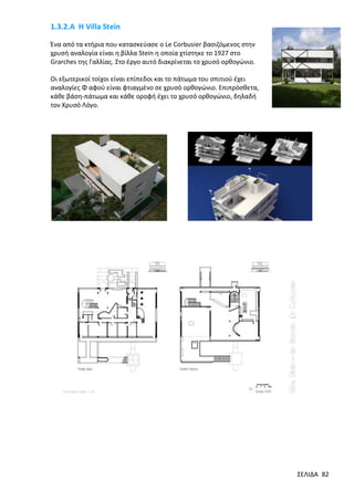 1.3.2.Α Η Villa Stein
Ένα από τα κτήρια που κατασκεύασε o Le Corbusier βασιζόμενος στην
χρυσή αναλογία είναι η βίλλα Stein η οποία χτίστηκε το 1927 στο
Grarches της Γαλλίας. Στο έργο αυτό διακρίνεται το χρυσό ορθογώνιο.
Οι εξωτερικοί τοίχοι είναι επίπεδοι και το πάτωμα του σπιτιού έχει
αναλογίες Φ αφού είναι φτιαγμένο σε χρυσό ορθογώνιο. Επιπρόσθετα,
κάθε βάση-πάτωμα και κάθε οροφή έχει το χρυσό ορθογώνιο, δηλαδή
τον Χρυσό Λόγο.

ΣΕΛΙΔΑ 82

 