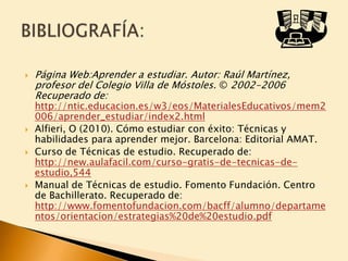 







Página Web:Aprender a estudiar. Autor: Raúl Martínez,
profesor del Colegio Villa de Móstoles. © 2002-2006
Recuperado de:

http://ntic.educacion.es/w3/eos/MaterialesEducativos/mem2
006/aprender_estudiar/index2.html
Alfieri, O (2010). Cómo estudiar con éxito: Técnicas y
habilidades para aprender mejor. Barcelona: Editorial AMAT.
Curso de Técnicas de estudio. Recuperado de:
http://new.aulafacil.com/curso-gratis-de-tecnicas-deestudio,544
Manual de Técnicas de estudio. Fomento Fundación. Centro
de Bachillerato. Recuperado de:
http://www.fomentofundacion.com/bacff/alumno/departame
ntos/orientacion/estrategias%20de%20estudio.pdf

 