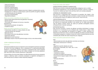 • Roturas tendinosas
• Hipertensão arterial
• Doenças cardiovasculares
• Doenças hepáticas (fígado)
• Aparecimento de tumores malignos (cancros) no fígado e próstata (entre outros).
• Hepatites B e C e Sida por contaminação a partir da partilha de agulhas utilizadas
---na administração por via injectável
• Aumento da agressividade
• Dependência psíquica
Efeitos secundários, específicos do sexo masculino
• Ginecomastia (desenvolvimento das glândulas mamárias)
• Atrofia testicular
• Diminuição da produção de hormona masculina --- --- --(testosterona)
• Diminuição da produção de esperma
• Impotência sexual
Efeitos secundários específicos do sexo feminino
• Crescimento de pêlos em áreas próprias do sexo
---masculino (barba, por exemplo)
• Alteração da voz
• Diminuição do tamanho das glândulas mamárias
• Hipertrofia clitoriana
• Alterações do ciclo menstrual
• Morfologia corporal masculina (ombros largos e tronco muito desenvolvido).
SOBRE HORMONAS PEPTÍDICAS
O que são?
Este tipo de substâncias actua no organismo como mensageiros que levam à produção
de outras hormonas endógenas, como a testosterona e os glucocorticosteróides.
Aceleram o crescimento corporal e diminuem a sensação de dor. Como similares
existem substâncias sintéticas que têm efeitos análogos às hormonas peptídicas.
hCG, hGH, ACTH, EPO e insulina, pertencem a este grupo.
O abuso destas hormonas pelos atletas é de difícil detecção pois torna-se necessário
realizar a destrinça entre a hormona produzida no organismo (endógena) e a
administrada para se obterem efeitos dopantes (exógena).

Porque são usadas pelos atletas?
GONADOTROFINA CORIONICA HUMANA (HCG)
Esta hormona aumenta a produção de esteróides endógenos e tem um efeito
semelhante à testosterona. O uso de HCG parece aumentar o volume e a potência
muscular em atletas que fazem treino de força e têm uma nutrição adequada.
HORMONA DE CRESCIMENTO (HGH)
Esta hormona é responsável pelo crescimento do esqueleto, dos órgãos e dos
músculos. O uso de HGH serve para aumentar a massa muscular sem incremento
da massa gorda corporal. Os atletas ao usá-la correm riscos enormes.
CORTICOTROFINA (ACTH)
Esta hormona aumenta o nível endógeno de corticosteróides. Usa-se com a finalidade
de melhoria da recuperação tecidular e por parecer ter um efeito estimulante a
nível do sistema nervoso central. Se usada por períodos prolongados provoca
enfraquecimento muscular acentuado.
ERITROPOIETINA (EPO)
Esta hormona aumenta o número de glóbulos vermelhos (eritrócitos) no sangue
através de um incremento da sua produção pela medula óssea e desse modo
aumenta a sua capacidade de transporte do oxigénio. É usada sobretudo em
desportos de endurance. Como o aumento de glóbulos vermelhos aumenta também
a viscosidade sanguínea, os atletas arriscam-se a sofrer embolias (doenças que são
motivadas pela oclusão dos vasos sanguíneos por coágulos).
Efeitos secundários potencialmente nefastos
HCG
• Ginecomastia (aumento das glândulas mamárias nos homens)
• Alterações menstruais em mulheres
HGH
• Gigantismo quando utilizado por jovens
• Crescimento desmedido das mãos, pés e cara
(acromegália)
• Diabetes
• Hipertensão arterial
• Insuficiência cardíaca
• Aumento da incidência de leucemias
• Crescimento de alguns órgãos internos, como
o fígado
• Doenças articulares
ACTH
• Insónia
• Hipertensão arterial
• Diabetes

12

13

 
