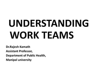 UNDERSTANDING
WORK TEAMS
Dr.Rajesh Kamath
Assistant Professor,
Department of Public Health,
Manipal university
 