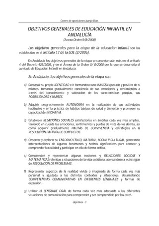 Centro de oposiciones Juanjo Díaz.
objetivos - 1
OBJETIVOS GENERALES DE EDUCACIÓN INFANTIL EN
ANDALUCÍA
(Anexo Orden 5/8/2...