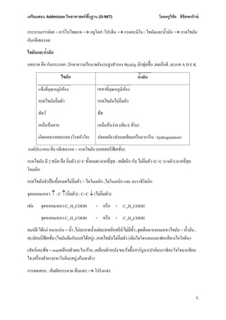 เตรียมสอบ Addmision (O-NET) โดยครูวิชัย ลิขิตพรรักษ์
7.
กระบวนการย่อย = คาร์โบไฮเดรต  กลูโคส /โปรตีน  กรดอะมิโน / ไขมัมและ  กรดไขมัน
กับกลีเซอรอล
บทบาท คือ กันกระแทก ,รักษาความร้อน/พลังงานสูงสํารอง 9kcal/g , ,ผมเล็บดี ,ละลาย A D E K
ไขมัน
สัตว์
เหม็นหืนยาก
เกิดคลอเรสเตอรอล (โรดหัวใจ)
เหลว ง
พืช
เหม็นหืนง่าย (เติม E ต้าน)
ปลอดภัย (ทําเนยเทียมหรือมาการีน : hydrogenation)
องค์ประกอบ คือ กลีเซอรอล + กรดไขมัน ( )
กรดไขมัน มี 2 (C-C ) : (C=C บางตัว) สุด
โอเลอิก
= ไลโนเลอิก ,ไลโนเลนิก และ อะราชิโดนิก
จุดหลอมเหลว  : C ( ) : C=C  ( )
เช่น จุดหลอมเหลว C11H23COOH < หรือ > C15H31COOH
จุดหลอมเหลว C17H35COOH < หรือ > C17H29COOH
สมบัติ ได้แก่ หนาแน่น < , / ,จุดเดือด/หลอมเหลวไขมัน > ,
(ไขมันต้มกับเบสได้สบู่) , (เติมไฮโดรเจนและฟอกสีจางไอโอดีน)
(สัตว์และพืช = waxเคลือบผิวผล/ใบ/ก้าน ,เคลือบผิวหนัง/ขน/ /คาร์นูบา(ปาล์มบราซิล)/โจโจบา(เทียน
ไข, )/ลาโนลิน(สบู่,ครีมทาผิว)
การทดสอบ : สัมผัสกระดาษ ทึบแสง  โปร่งแสง
 