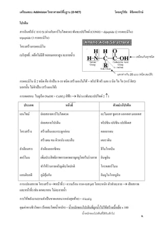 เตรียมสอบ Addmision (O-NET) โดยครูวิชัย ลิขิตพรรักษ์
8.
โปรตีน
สารอินทรีย์C H O N (ต่างกับคาร์โบไฮเดรต) พันธะเปปไทด์ (CONH) = dipeptide (2 กรดอะมิโน)
tripeptide (3 กรดอะมิโน)
โครงสร้างกรดอะมิโน
(บริสุ : )
กรดอะมิโน มี 2 ชนิด คือ จําเป็น 8-10 ชนิด (สร้างเองไม่ได้ = ทริป ฟี ทรี เมท เว นิล ไล ไอ [อาร์ ฮิส])
(สร้างเองได้)
การทดสอบ ไบยูเร็ต (NaOH + CuSO4) สีฟ้า  สีม่วง (พันธะเปปไทด์ 2 )
ประเภท หน้ ตัวอย่างโปรตีน
เอนไซม์
โครงสร้าง
ลําเลียงสาร
ฮอร์โมน
แอนติบอดี
ย่อยสลายคาร์โบไฮเดรต
ย่อยสลายโปรตีน
สร้างเอ็นและกระดูกอ่อน
สร้างผม ขน ผิวหนัง และเล็บ
ลําเลียงออกซิเจน
ทําให้ร่างกายเจริญเติบโตปกติ
ภูมิคุ้มกัน
อะไมเลส ซูเครส แลกเทส มอลเทส
ทริปซิน เปปซิน เปปทิเดส
คลอลาเจน
เคอราติน
ฮีโมโกลบิน
อินซูลิน
โกรทฮอร์โมน
อิมมูโนโกลบูลิน
การแปลงสภาพ โครงสร้าง (+ ความร้อน กรด-เบส/pH โลหะหนัก ตัวทําละลาย  เสียสภาพ
)
การให้พลังงาน(ยามจําเป็นขาดแคลน/แหล่งสุดท้าย) = 4 kcal/g
คุณค่าทางชีววิทยา ( ) = x 100
แตกต่างกัน 20 แบบ (ชนิด,สมบัติ)
เหมือนกันทุกชนิด
 
