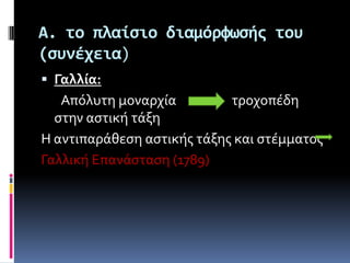 Α. το πλαύςιο διαμόρφωςόσ του
(ςυνϋχεια)
 Γαλλία:
Απόλυτη μοναρχύα τροχοπϋδη
ςτην αςτικό τϊξη
Η αντιπαρϊθεςη αςτικόσ τϊξησ και ςτϋμματοσ
Γαλλικό Επανϊςταςη (1789)
 