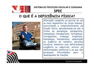SISTEMA DE PROTEÇÃO ESCOLAR E CIDADANIA
SPEC
O QUE É A DEFICIÊNCIA FÍSICA?O QUE É A DEFICIÊNCIA FÍSICA?
Alteração completa ou parcial de um
ou mais segmentos do corpo humano,
acarretando o comprometimento da
função física, apresentando-se sob a
forma de paraplegia, paraparesia,
monoplegia, monoparesia, tetraplegia,
tetraparesia, triplegia, triparesia,
hemiplegia, hemiparesia, amputação
ou ausência de membro, paralisia
cerebral, membros com deformidade
congênita ou adquirida, exceto as
deformidades estéticas e as que não
produzam dificuldades para o
desempenho de funções.
 